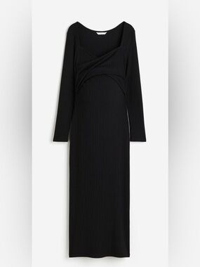 H&M Maternity Black Ribbed Long-Sleeve Midi Dress with Curved Seam